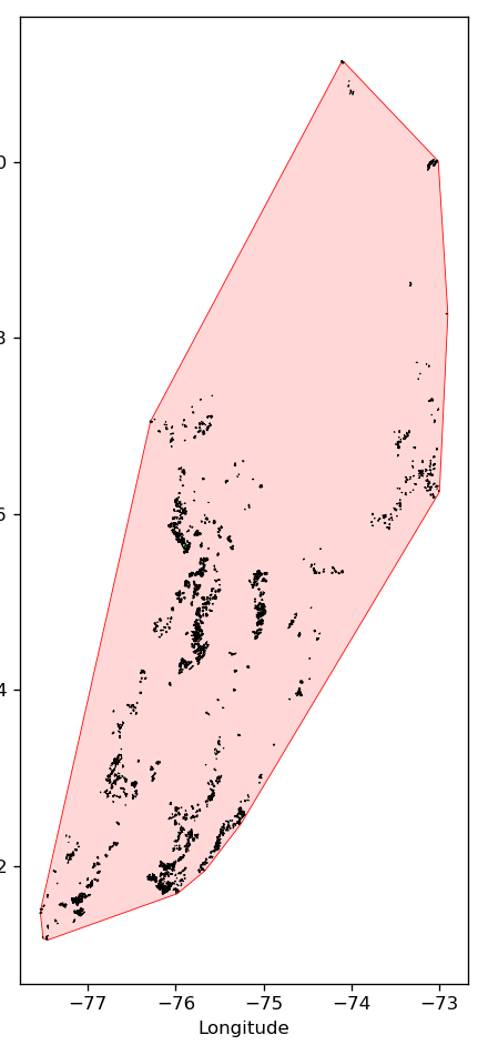Rendered notebook output: convex hull of an ecosystem's distribution used to compute extent of occurrence