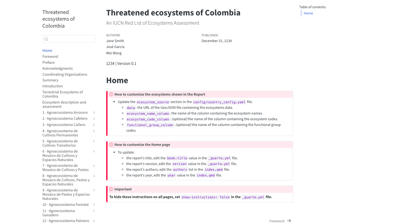 Home page of the Threatened ecosystems of Colombia assessment site